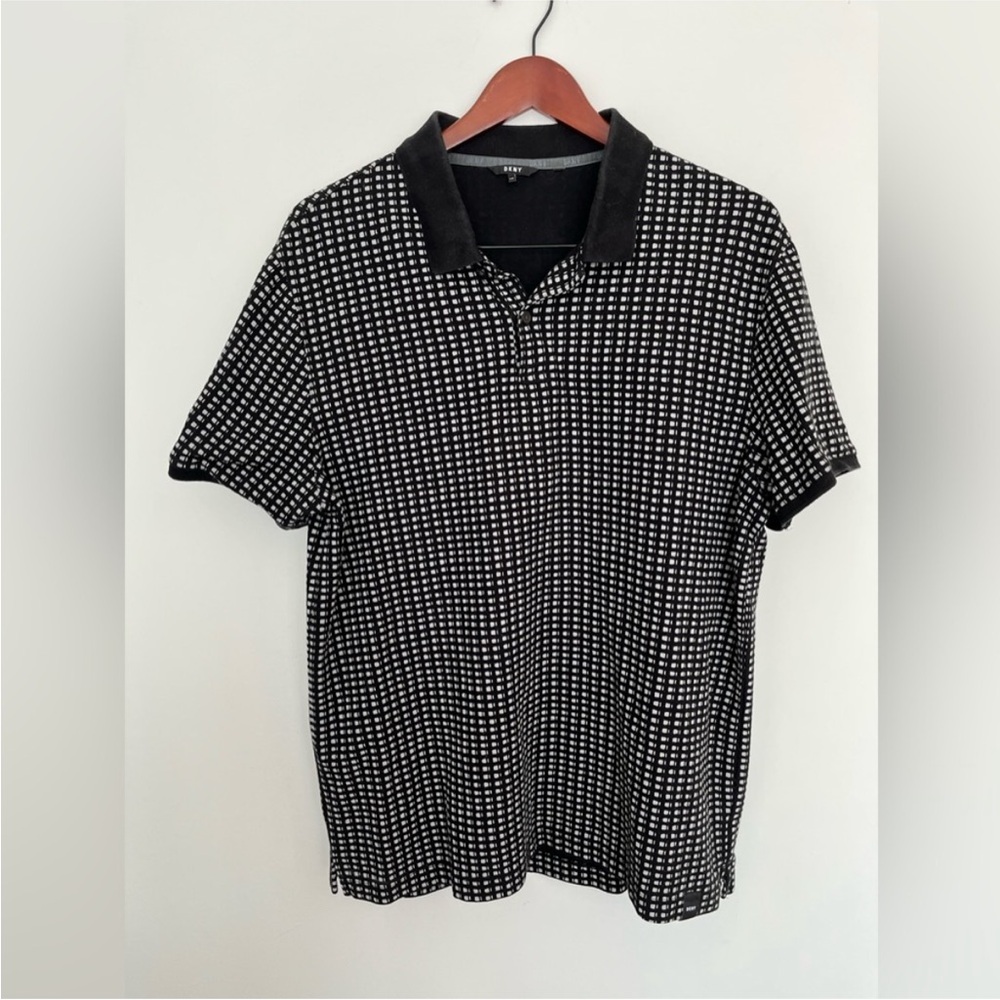 DKNY Men’s Black and White Checkered Polo Shirt Size L